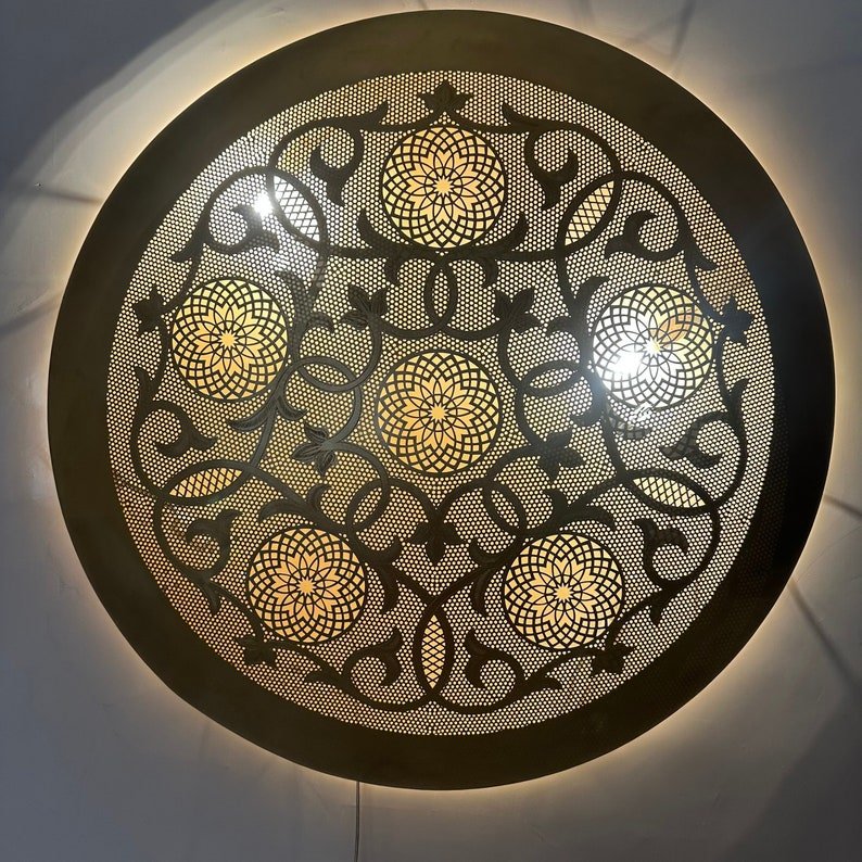 Moroccan Circle-Shaped Wall Lamp – Handcrafted Brass Sconce, Round Wall Light, Customizable Ceiling Mount