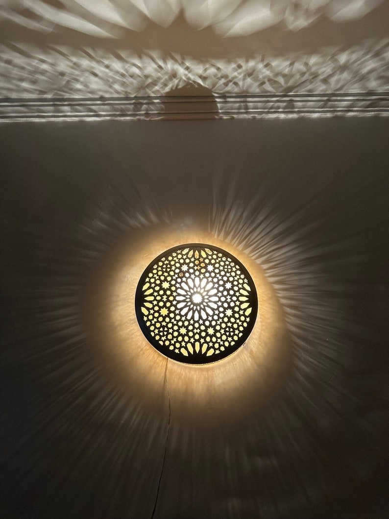 Moroccan Circle-Shaped Wall Lamp – Handcrafted Brass Sconce, Round Wall Light, Customizable Ceiling Mount