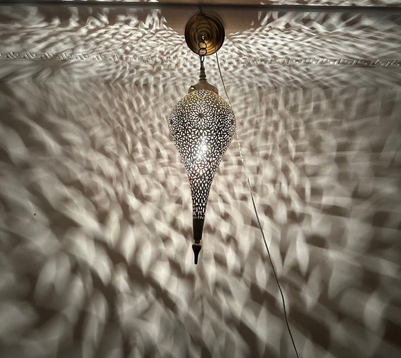 Handmade Moroccan Brass Teardrop Wall Lamp – Pierced Shadow Light Fixture