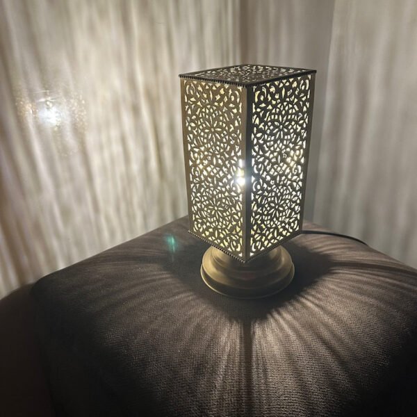 Moroccan brass table lamp, small brass table light lamps , handmade rectangular lampshade, boho art Silver bedside lamp, brass lampshad.
