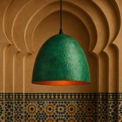 Handmade Verdigris Copper Bell Pendant Light: Rustic Farmhouse Fixture