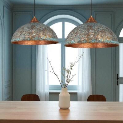 Handmade Blue Patina Copper Dome Pendant Light: Rustic Vintage Hanging Lamp