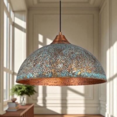 Handmade Blue Patina Copper Dome Pendant Light: Rustic Vintage Hanging Lamp