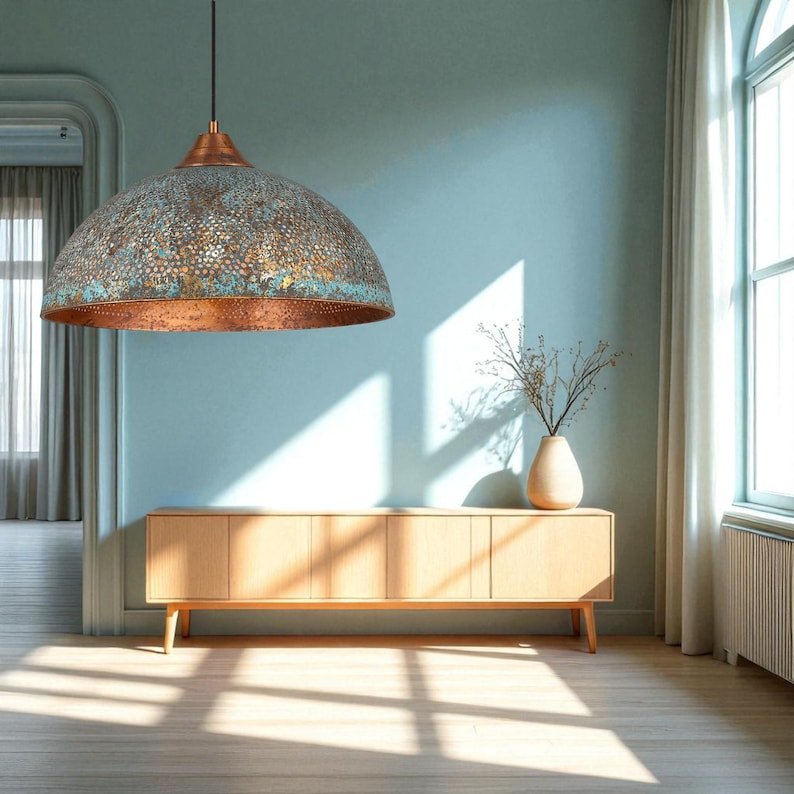 Handmade Blue Patina Copper Dome Pendant Light: Rustic Vintage Hanging Lamp