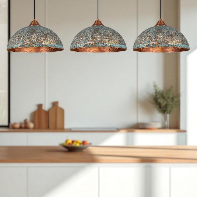 Handmade Blue Patina Copper Dome Pendant Light: Rustic Vintage Hanging Lamp