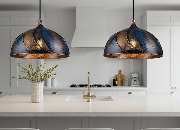 Set of 2 Blue Swirl Copper Dome Pendant Lights