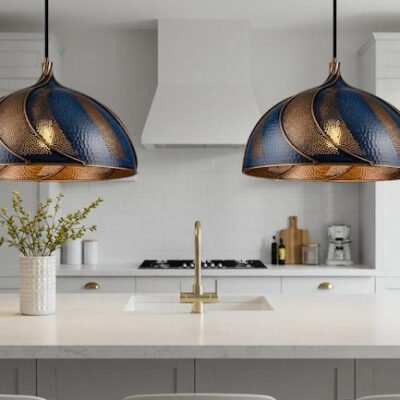 Handmade Blue Patina Copper Dome Pendant Light - Rustic Kitchen Island Lighting