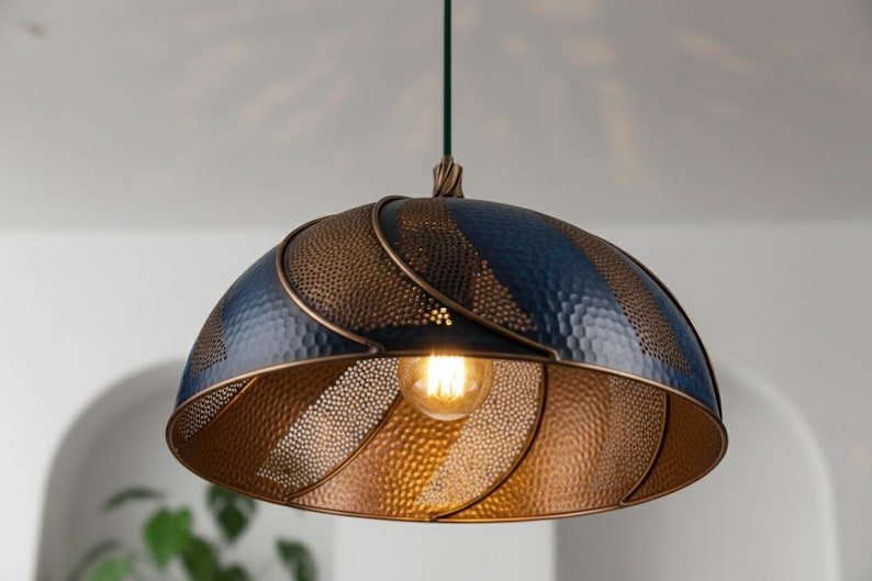Handmade Blue Patina Copper Dome Pendant Light - Rustic Kitchen Island Lighting