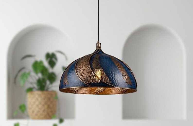 Handmade Blue Patina Copper Dome Pendant Light - Rustic Kitchen Island Lighting