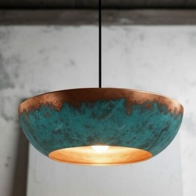 Blue Patina Copper Bowl Pendant Light Rustic Modern Ceiling Lamp