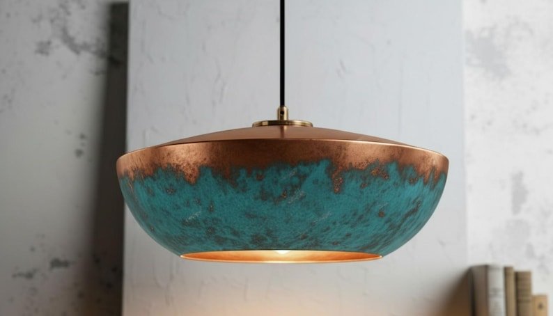 Handmade Copper Pendant Light: Blue Patina Dome Lamp, Rustic Moroccan Style Lighting