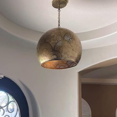 Bronze Pendant Light Fixture – Moroccan Brass Globe Ceiling Lamp, Handmade Hanging Lighting