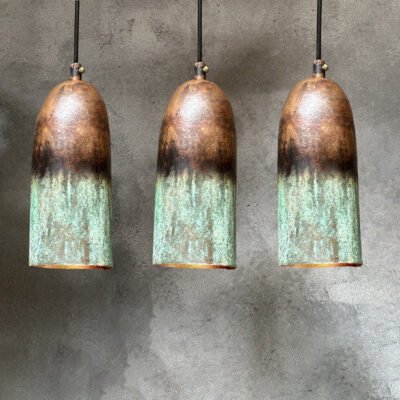 Set of 3 Copper Pendant Lights: Green Patina Farmhouse Ceiling Lighting