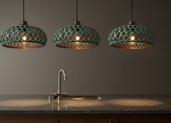 Set of 3 Green Patina Lattice Copper Dome Pendant Lights