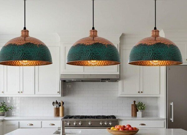 Set of 3 Hammered Copper Green Patina Dome Pendant Lights