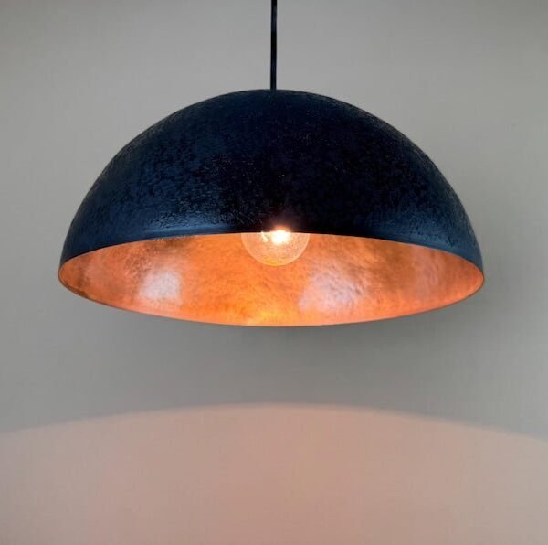 Modern Matte Blue Exterior with Warm Hammered Copper Pendant Light