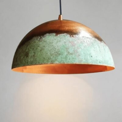 Oxidized Copper Dome Pendant Light – Green Patina Farmhouse Hanging Kitchen Island Lamp for Decoration