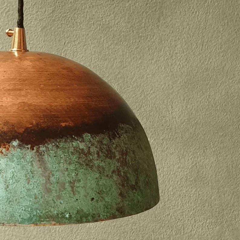 Oxidized Copper Dome Pendant Light – Green Patina Farmhouse Hanging Kitchen Island Lamp for Decoration
