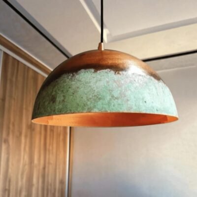 Oxidized Copper Dome Pendant Light – Green Patina Farmhouse Hanging Kitchen Island Lamp for Decoration