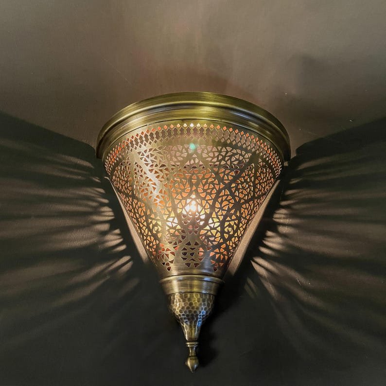 Handmade Moroccan Brass Cone Wall Sconce – Artisan Cutout Lamp with Antique Finish, Decorative Light Handmade Moroccan Brass Cone Wall Sconce – Artisan Cutout Lamp with Antique Finish, Decorative Light
