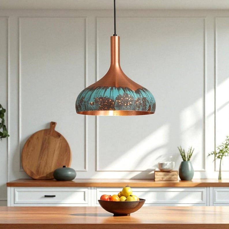 Handmade Green Patina Copper Dome Pendant Light: Rustic Chandelier
