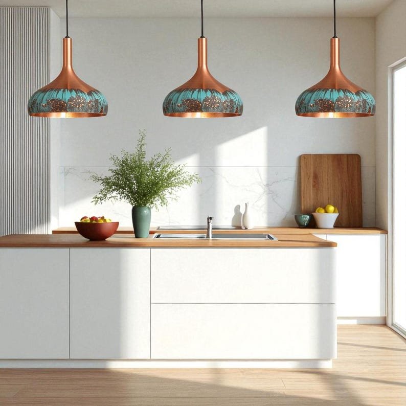 Handmade Green Patina Copper Dome Pendant Light: Rustic Chandelier
