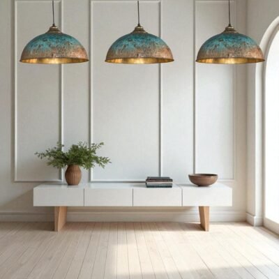 Rustic Patina Dome Pendant Light: Industrial Brass Hanging Lamp