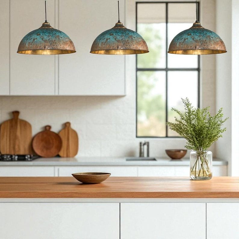 Set of 3 Patina Copper Dome Pendant Lights