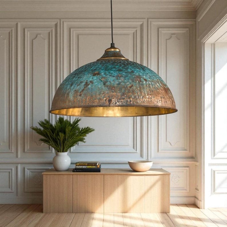 Rustic Patina Dome Pendant Light: Industrial Brass Hanging Lamp