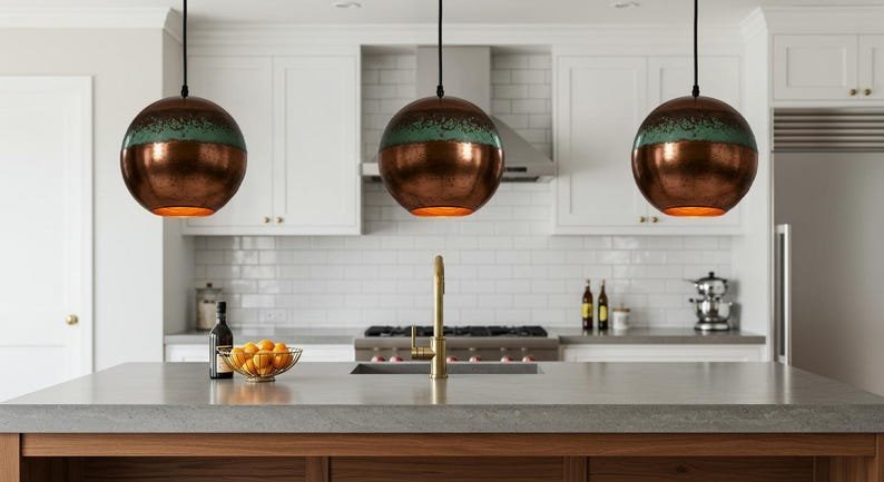 Green Patina Copper Globe Pendant Light Handmade Oxidized Ceiling Lamp