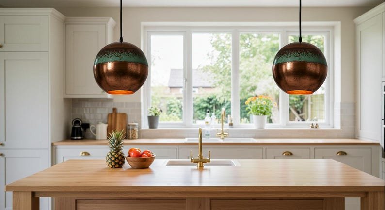 Green Patina Copper Pendant Light, Industrial Copper dome Light, Rustic chandelier, Hanging kitchen island Light, Pendant Light Fixture