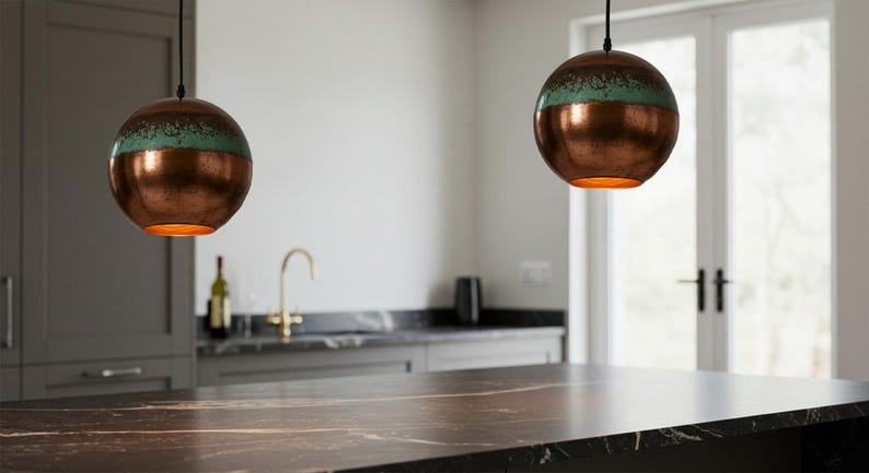 Green Patina Copper Pendant Light, Industrial Copper dome Light, Rustic chandelier, Hanging kitchen island Light, Pendant Light Fixture