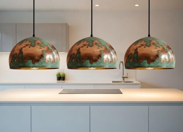 Set of 3 Green Patina Copper Dome Pendant Lights