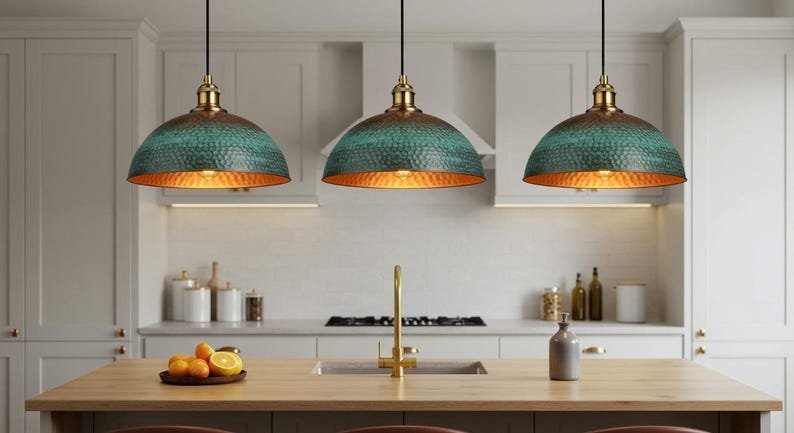 Set of 3 Turquoise Patina Copper Pendant Lights with Brass Accents