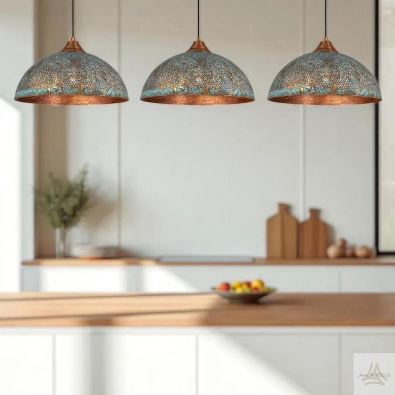Industrial Copper Pendant Light, Green Patina Copper Pendant Light, Oxidized Copper Island Kitchen Lighting, Rustic chandelier