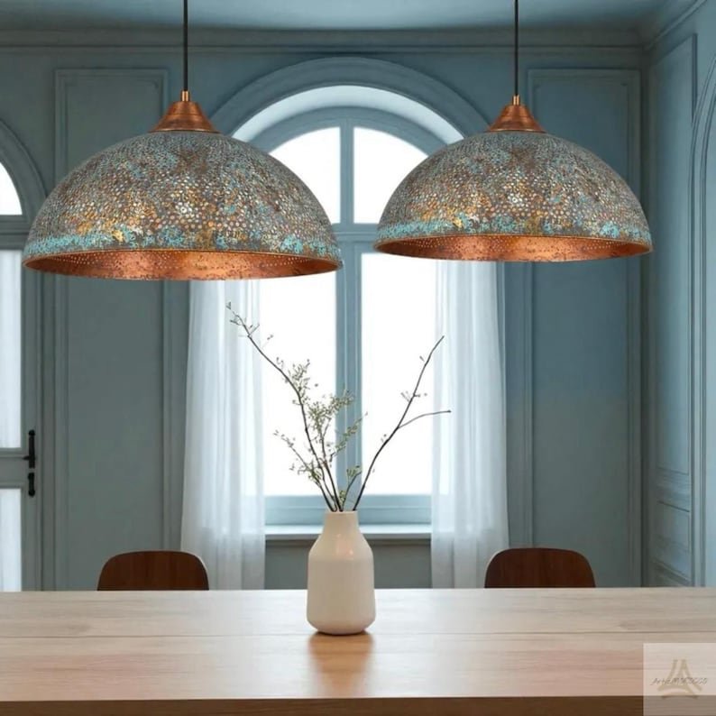 Industrial Copper Pendant Light, Green Patina Copper Pendant Light, Oxidized Copper Island Kitchen Lighting, Rustic chandelier