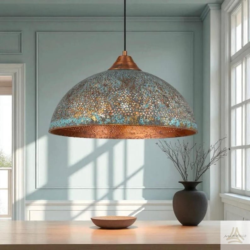 Turquoise Patina Copper Dome Pendant Light