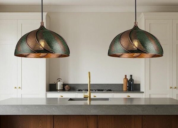 Set of 2 Green Patina Copper Scalloped Dome Pendant Lights