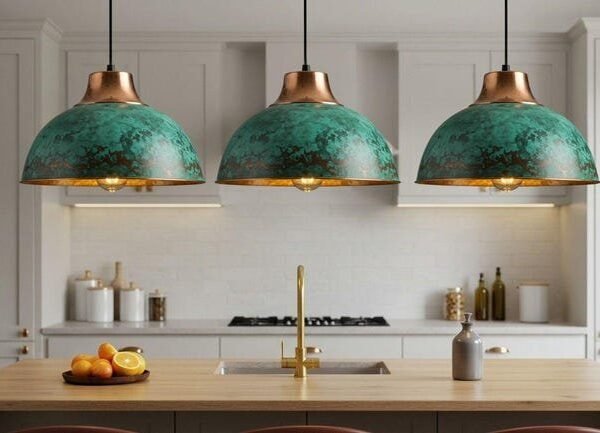 Set of 3 Green Patina Copper Dome Pendant Light