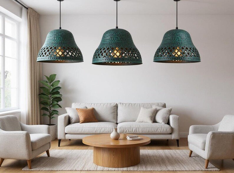 Handmade Hammered Copper Pendant Light: Green Patina Moroccan Ceiling Lamp