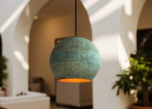 Handmade Green Patina Perforated Globe Pendant