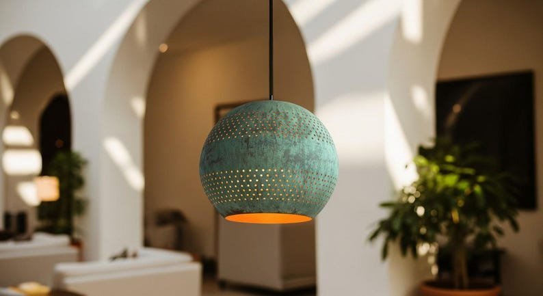Handmade Green Patina Perforated Globe Pendant