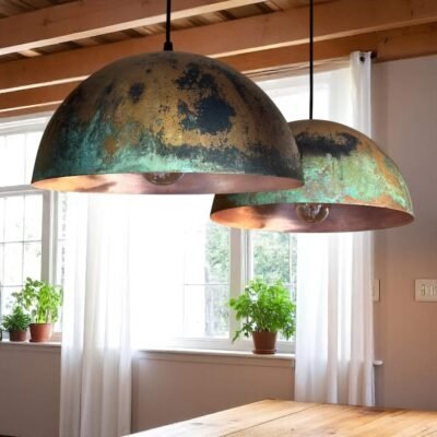 Green Patina Copper Dome Pendant Light – Rustic Oxidized Ceiling Lamp for Home Decor