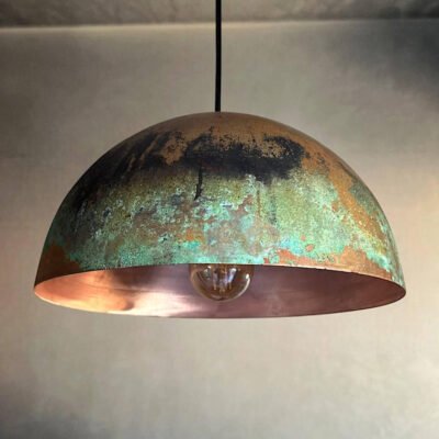 Green Patina Copper Dome Pendant Light – Rustic Oxidized Ceiling Lamp for Home Decor