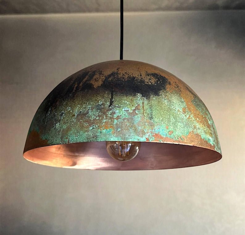 Green Patina Copper Dome Pendant Light – Rustic Oxidized Ceiling Lamp for Home Decor