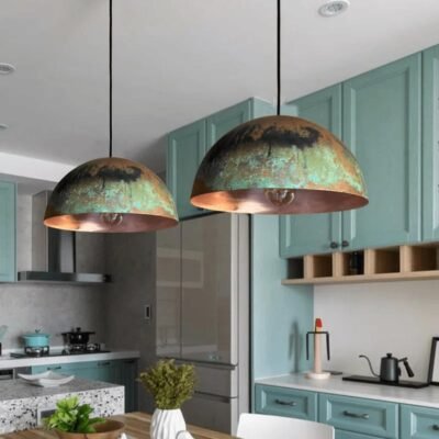 Green Patina Copper Dome Pendant Light – Rustic Oxidized Ceiling Lamp for Home Decor