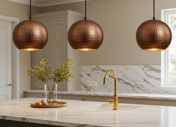 Set of 3 Hammered Copper Globe Pendant Lights