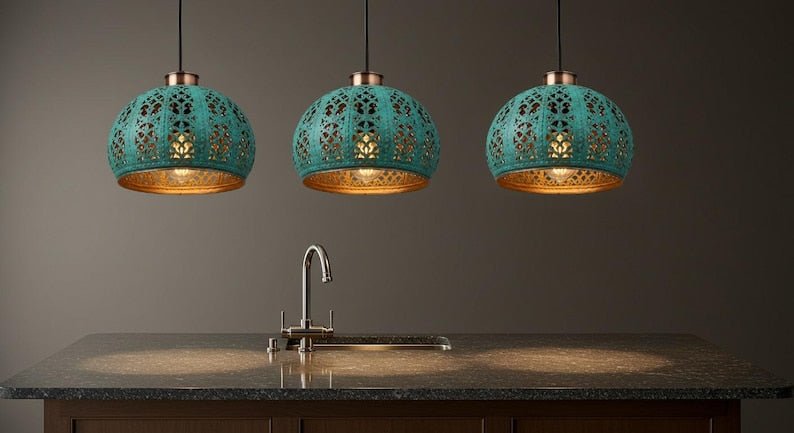 Handmade Copper Dome Pendant Light: Green Patina, Industrial Style