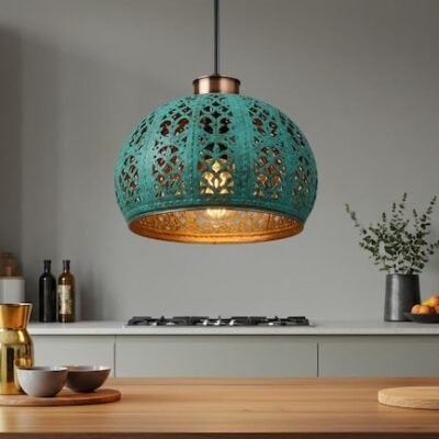 Handmade Copper Dome Pendant Light: Green Patina, Industrial Style