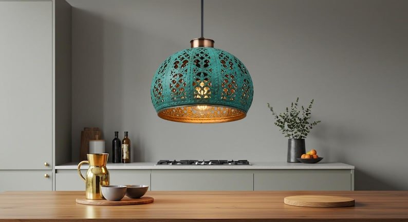 Handmade Copper Dome Pendant Light: Green Patina, Industrial Style